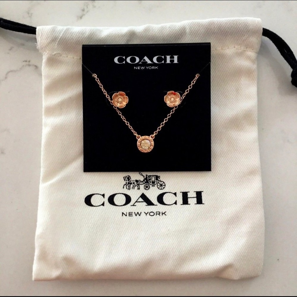 Coach Open Circle Necklace And Tea Rose Stud Earrings Set